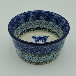 Polish Pottery Small Blue Butterfly Bowl Blue Flowers Ramekin Trinket Dish